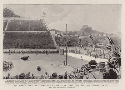 I Giochi Olimpici ad Atene, il vincitore della corsa da Maratona che passa il traguardo da George Percy Jacomb Hood